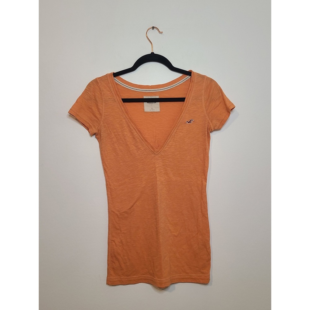 Hollister Orange Deep V Neck Y2K Short Sleeve Top Size S Cotton